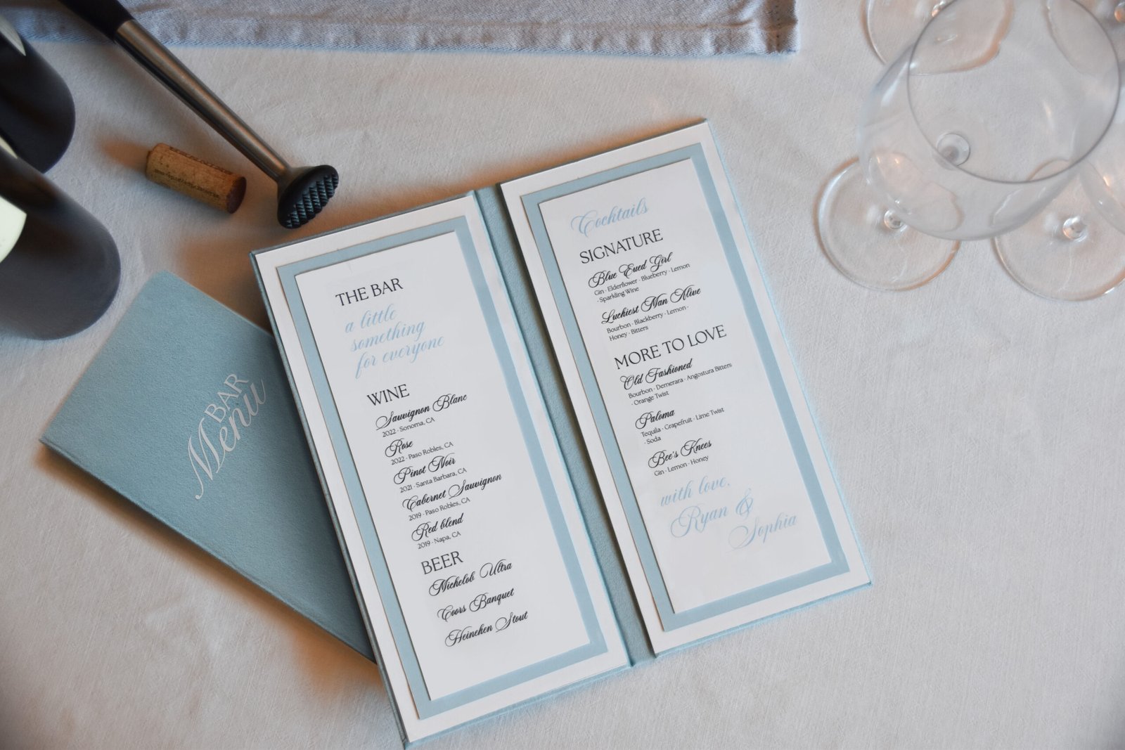 Velvet menu for an elegant event with specialty cocktails and drinks served at the bar.