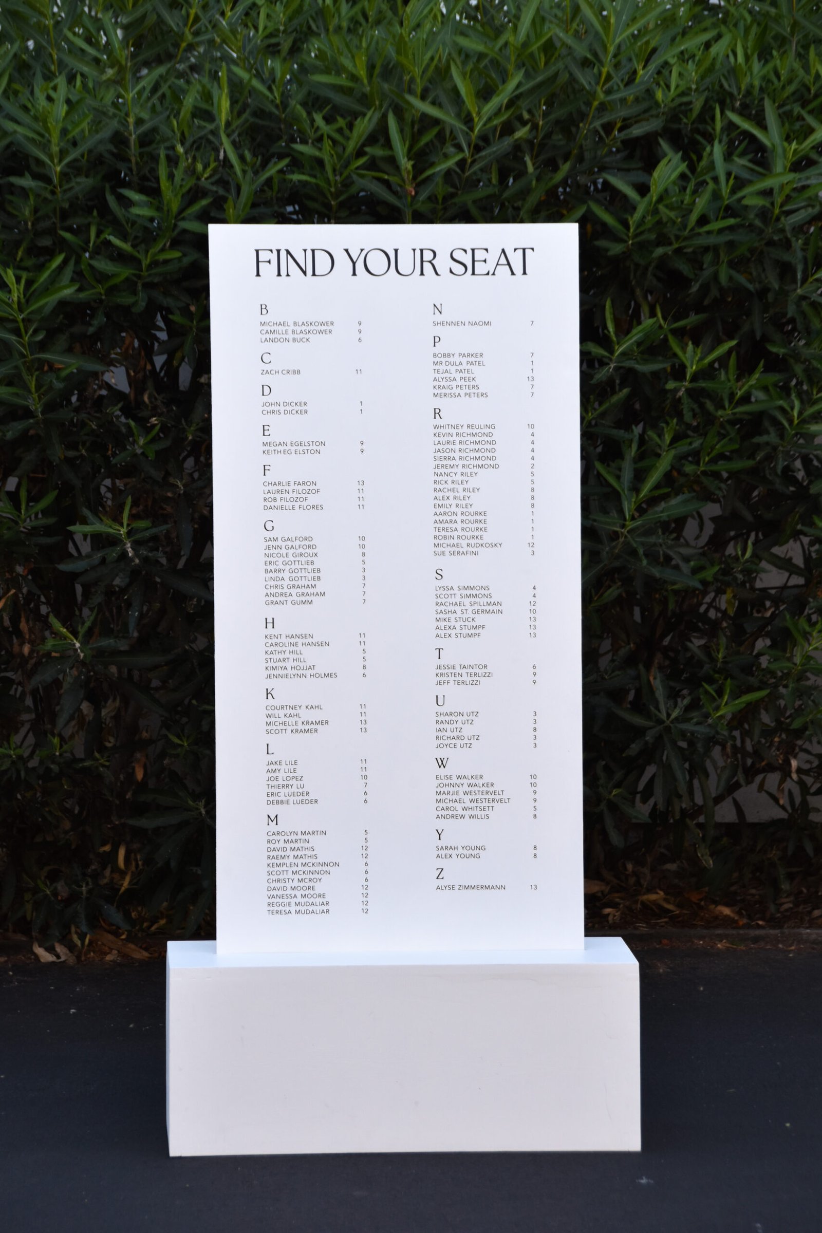 Standing seating chart for a wedding. Made with a white base and white 2ft x 4ft sign for a modern classic black and white seating chart organized alphabetically